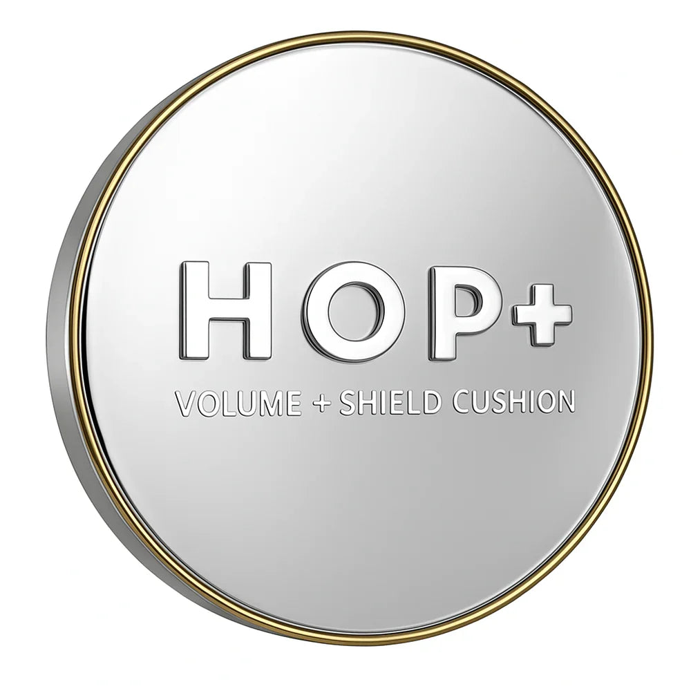 Round compact with 'HOP+' branding on a white background