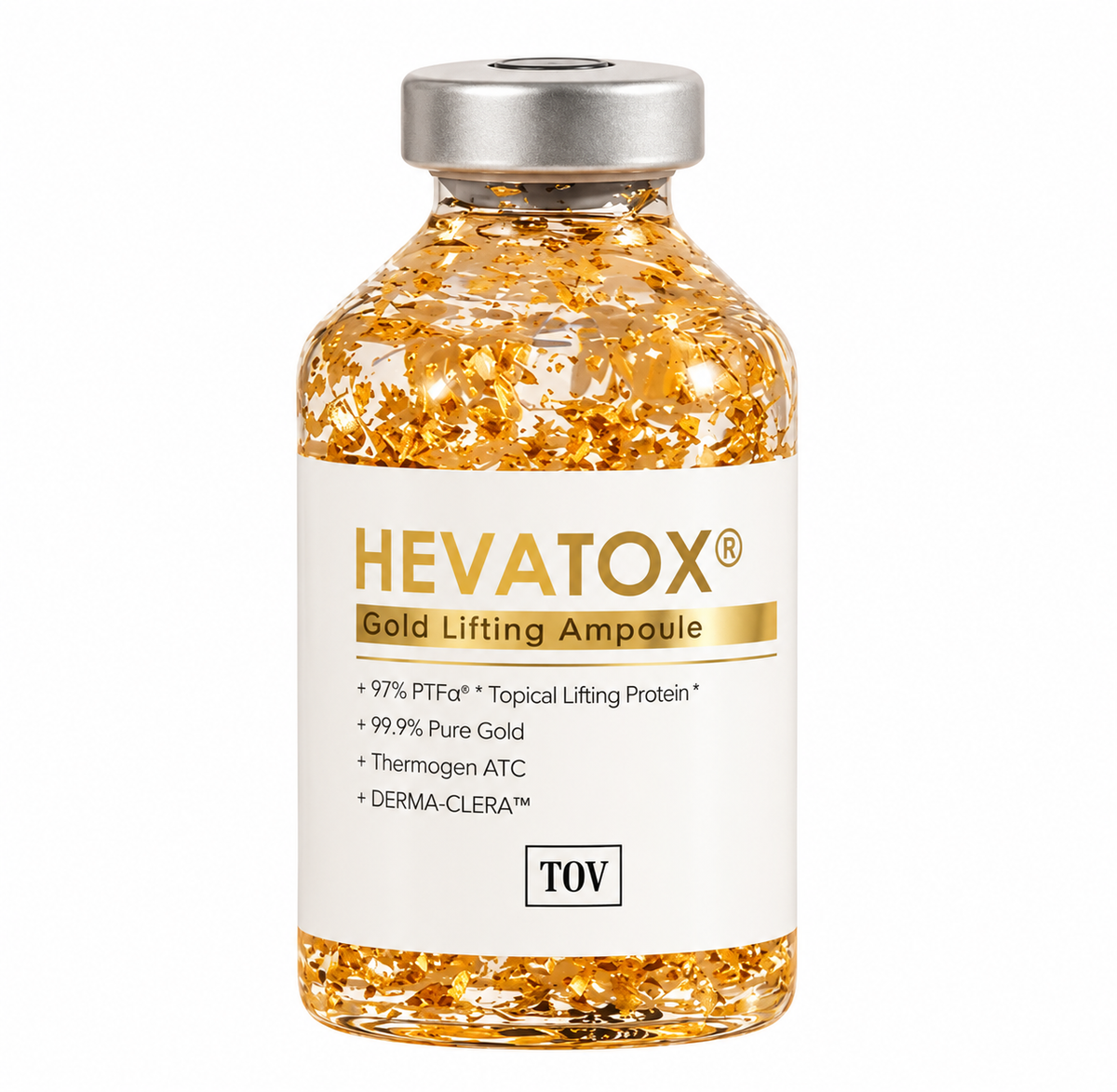 A clear vial bottle filled with shimmering gold flakes, sealed with a silver cap, and labeled HEVATOX Gold Lifting Ampoule on a white background.