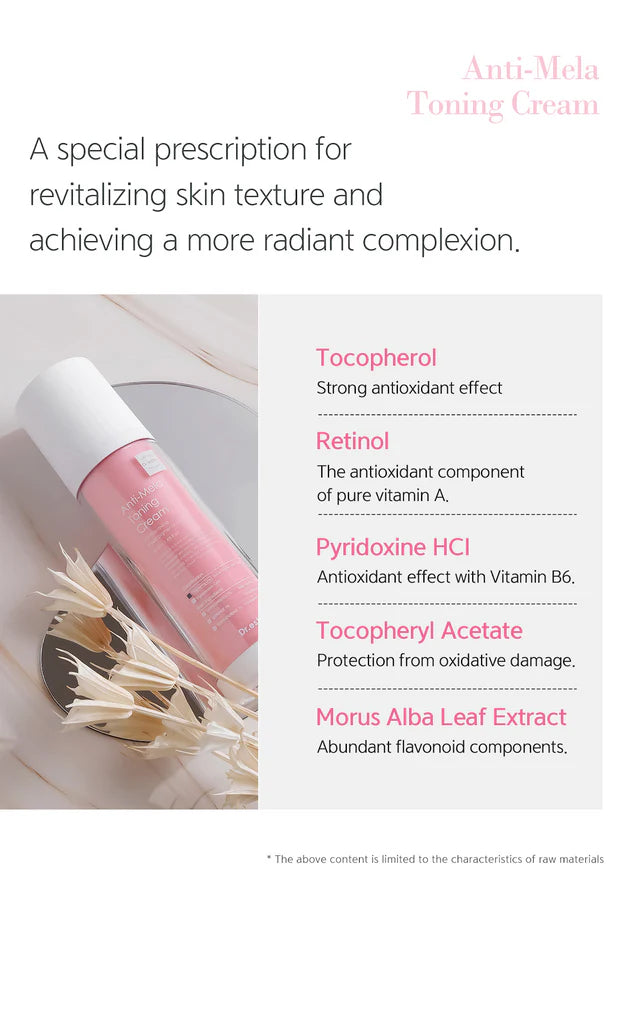 Anti-Mela Toning Cream bottle with a list of supporting antioxidant ingredients: Tocopherol, Retinol, Pyridoxine HCl, Tocopheryl Acetate, and Morus Alba Leaf Extract.