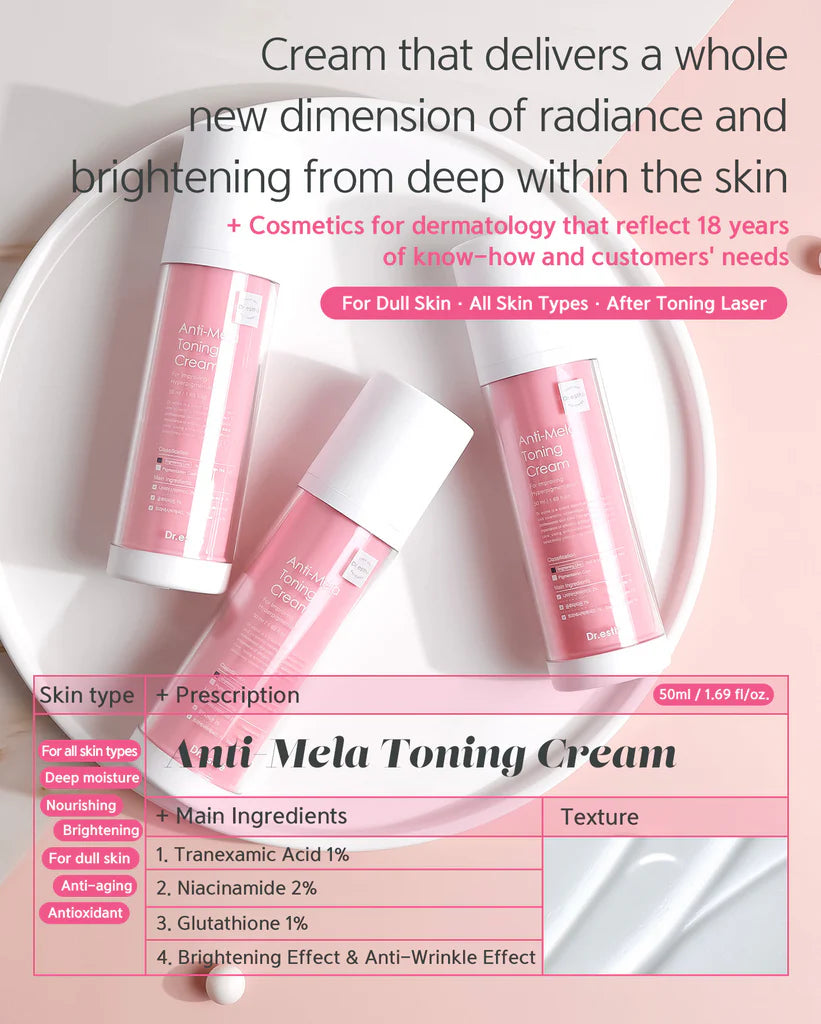 Anti-Mela Toning Cream bottles and ingredient list on a white plate, listing Tranexamic Acid, Niacinamide, and Glutathione with texture swatch.