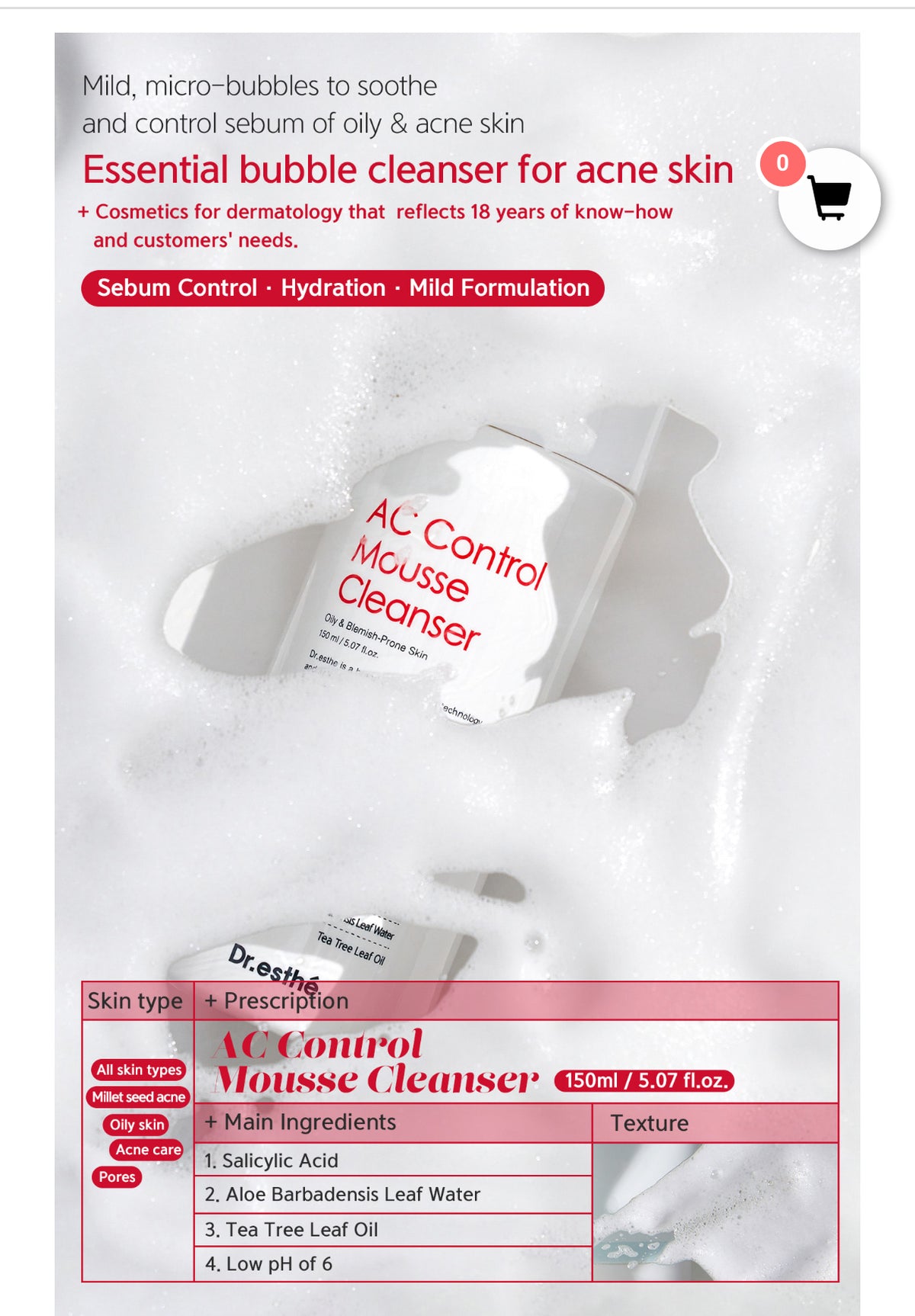 Package of AC Control Mousse Cleanser with product details on a white background