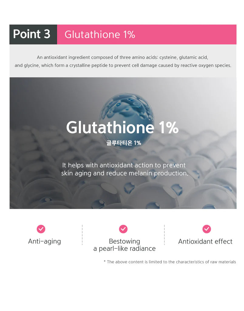 "Point 3" ingredient spotlight on Glutathione 1%, highlighting its antioxidant and skin-brightening properties.