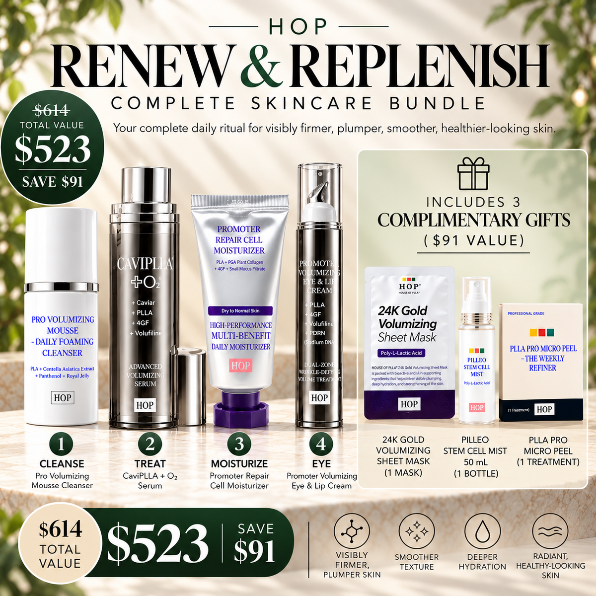 HOP Renew & Replenish skincare bundle featuring four professional skincare essentials plus three complimentary gifts, $614 total value for $523, saving $91.