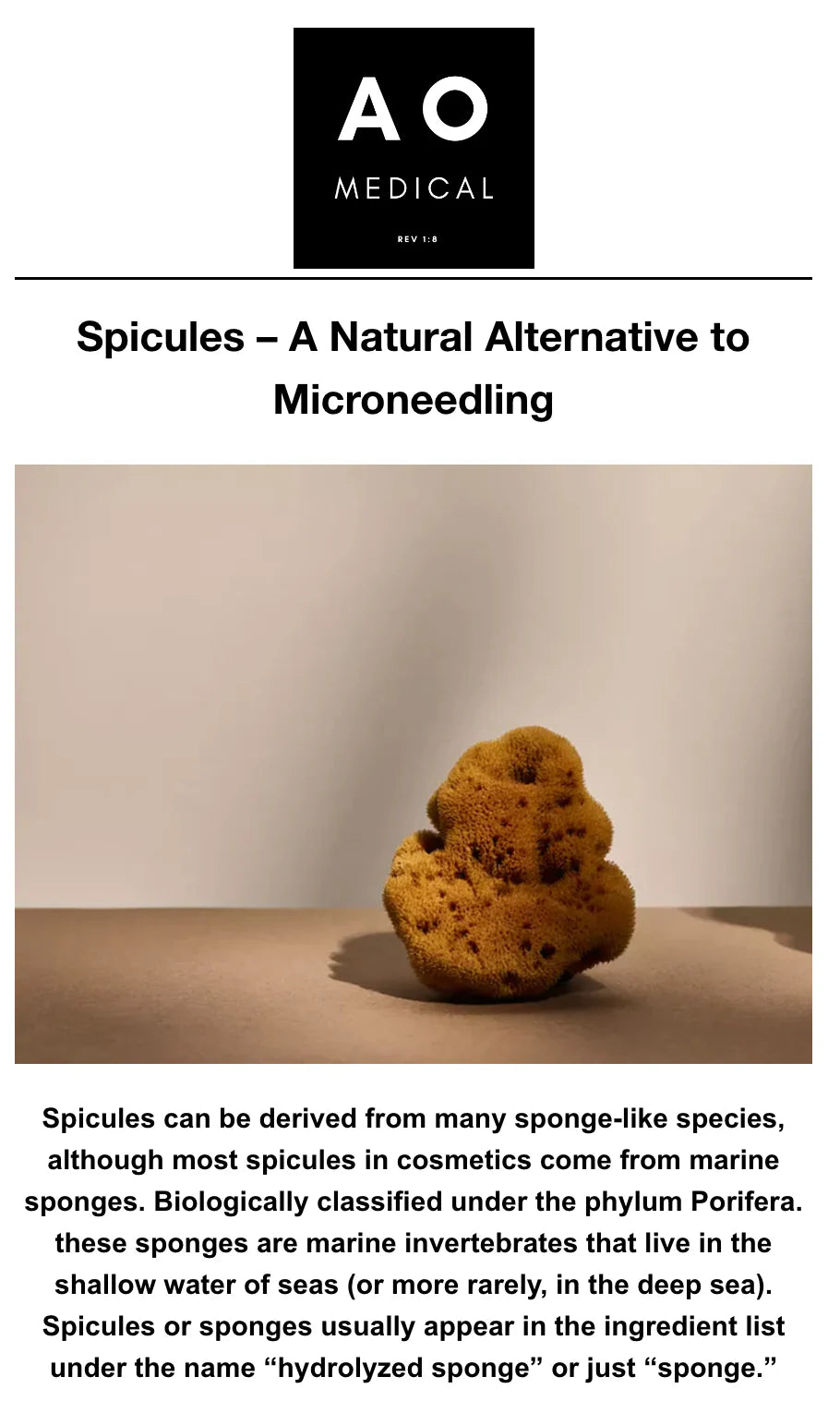 Sponge-like product with text about spicules as a natural alternative to microneedling, featuring AO Medical logo.
