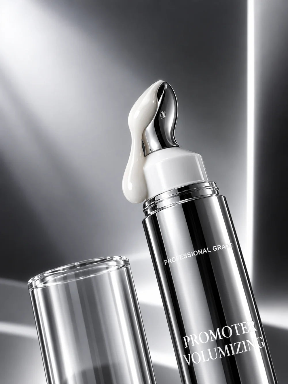 A close-up studio shot of a cosmetic tube with a metallic silver body and a white cream product dripping from the applicator. A clear glass vial is partially visible in the foreground against a dark gray, light-swept background.