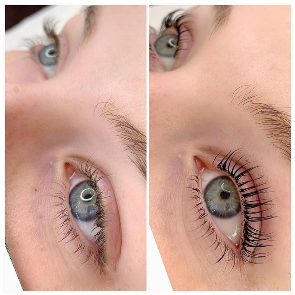 A side-by-side close-up comparison of a person's eye before and after applying mascara. The left side shows natural, sparse eyelashes, while the right side shows the lashes significantly longer, darker, and curled at the tips.
