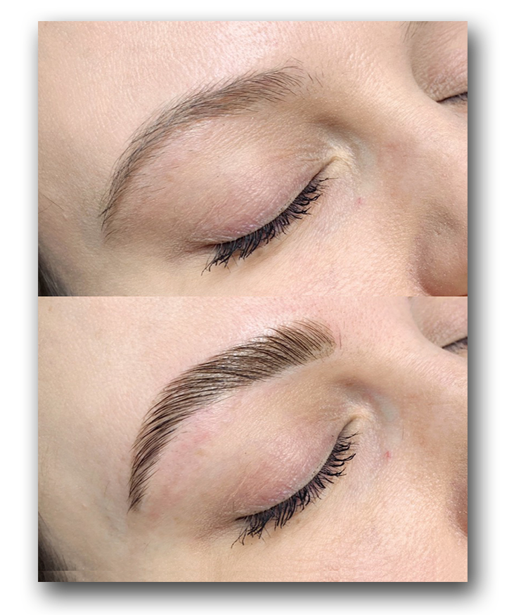 A close-up before-and-after comparison of an eyebrow grooming or microblading treatment on a person's eye area, showing sparse brows in the top panel and fuller, darker brows in the bottom panel.