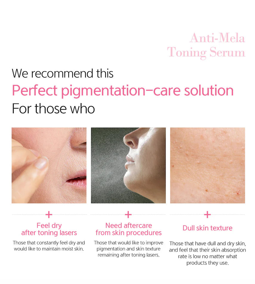 Three close-up photos showing who the serum is recommended for: dry skin after toning lasers, post-procedure aftercare, and dull skin texture.
