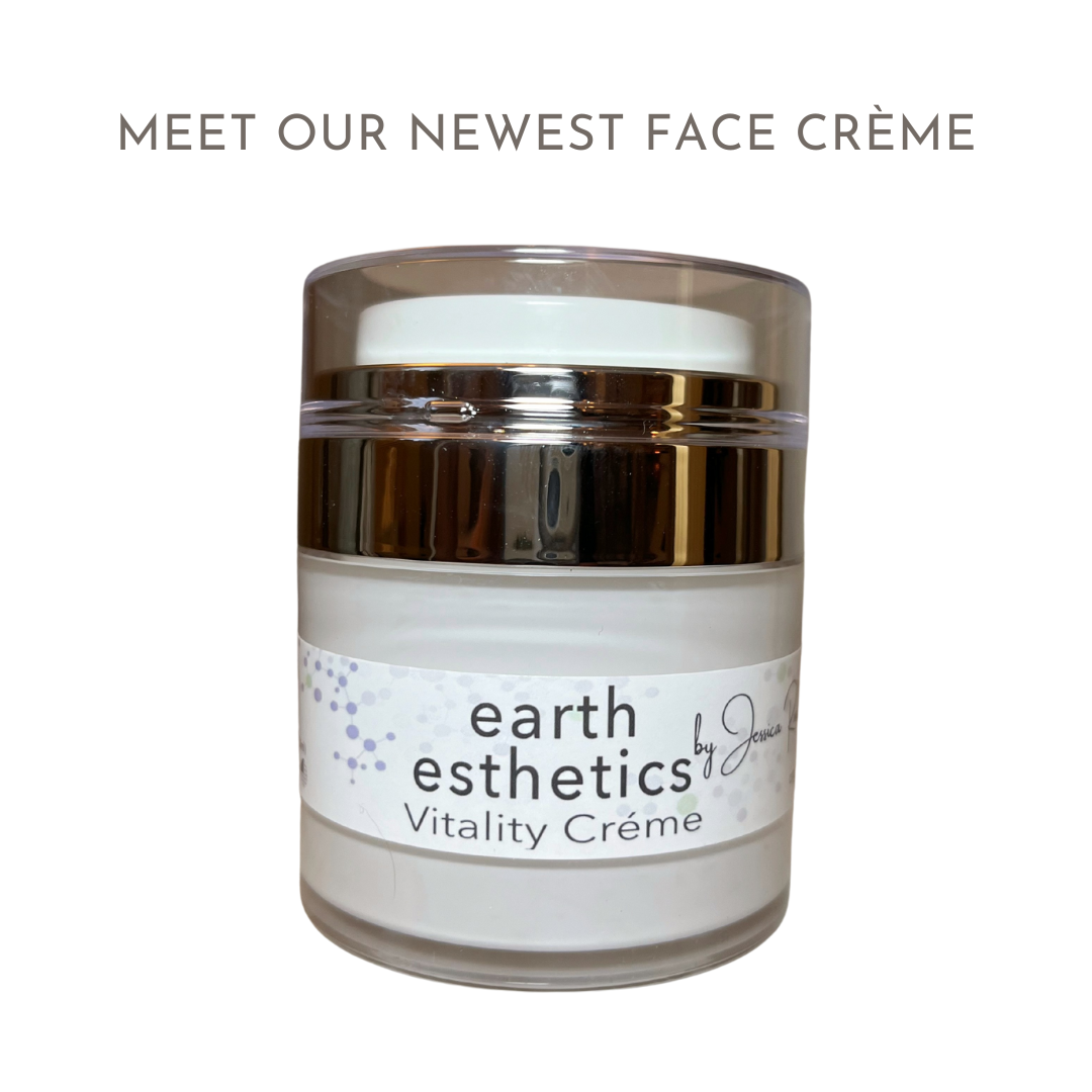 A jar of earth esthetics Vitality Crème, labeled as the newest face crème.