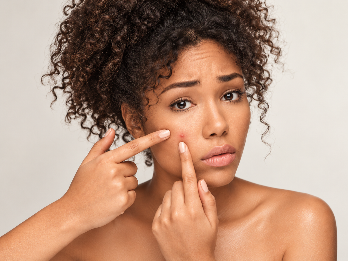 Woman examining acne on her cheek and discussing acne-prone skin