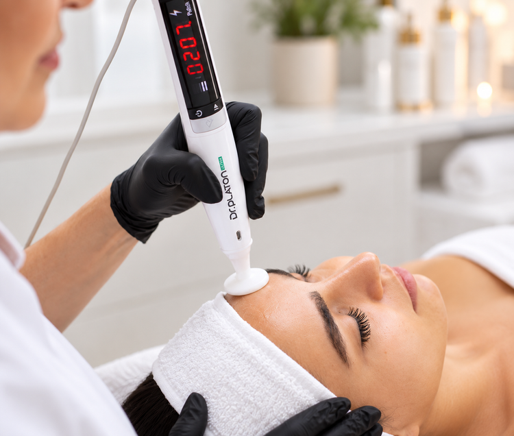 Esthetician using an advanced professional facial device during a skincare treatment