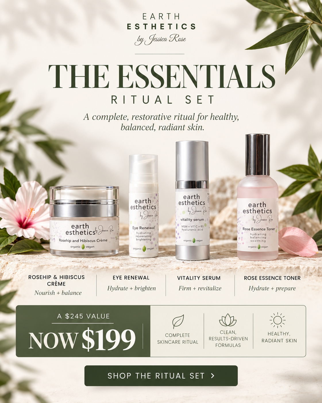Earth Esthetics Essentials Ritual Set featuring Rosehip & Hibiscus Crème, Eye Renewal, Vitality Serum, and Rose Essence Toner skincare products.