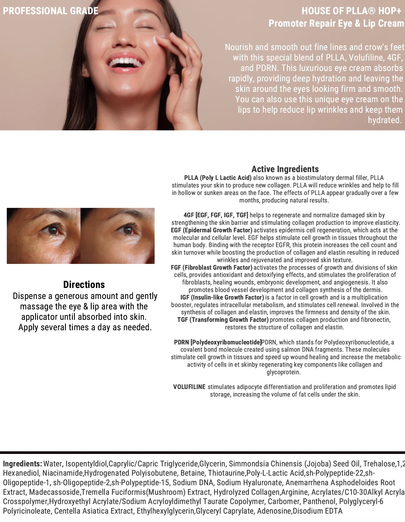 Woman smiling with eyes closed while applying HOP+ Promoter Repair Eye & Lip Cream to her under-eye area, alongside active ingredients, before-and-after eye photos, directions, and full ingredient list.
