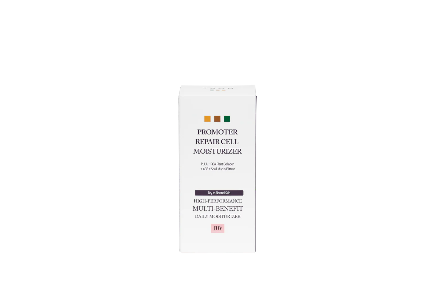 Front of the HOP+ Promoter Repair Cell Moisturizer box, listing PLLA, PGA Plant Collagen, 4GF, and Snail Mucus Filtrate for dry to normal skin.
