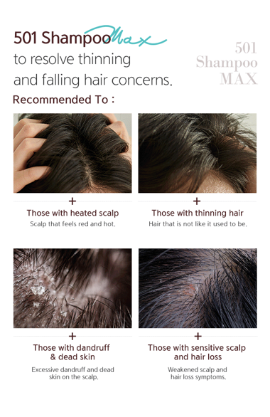 Four close-up photos of different scalp and hair concerns: heated scalp, thinning hair, dandruff and dead skin, and sensitive hair loss.