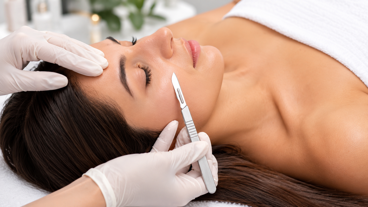 Esthetician performing a professional dermaplaning treatment on a client