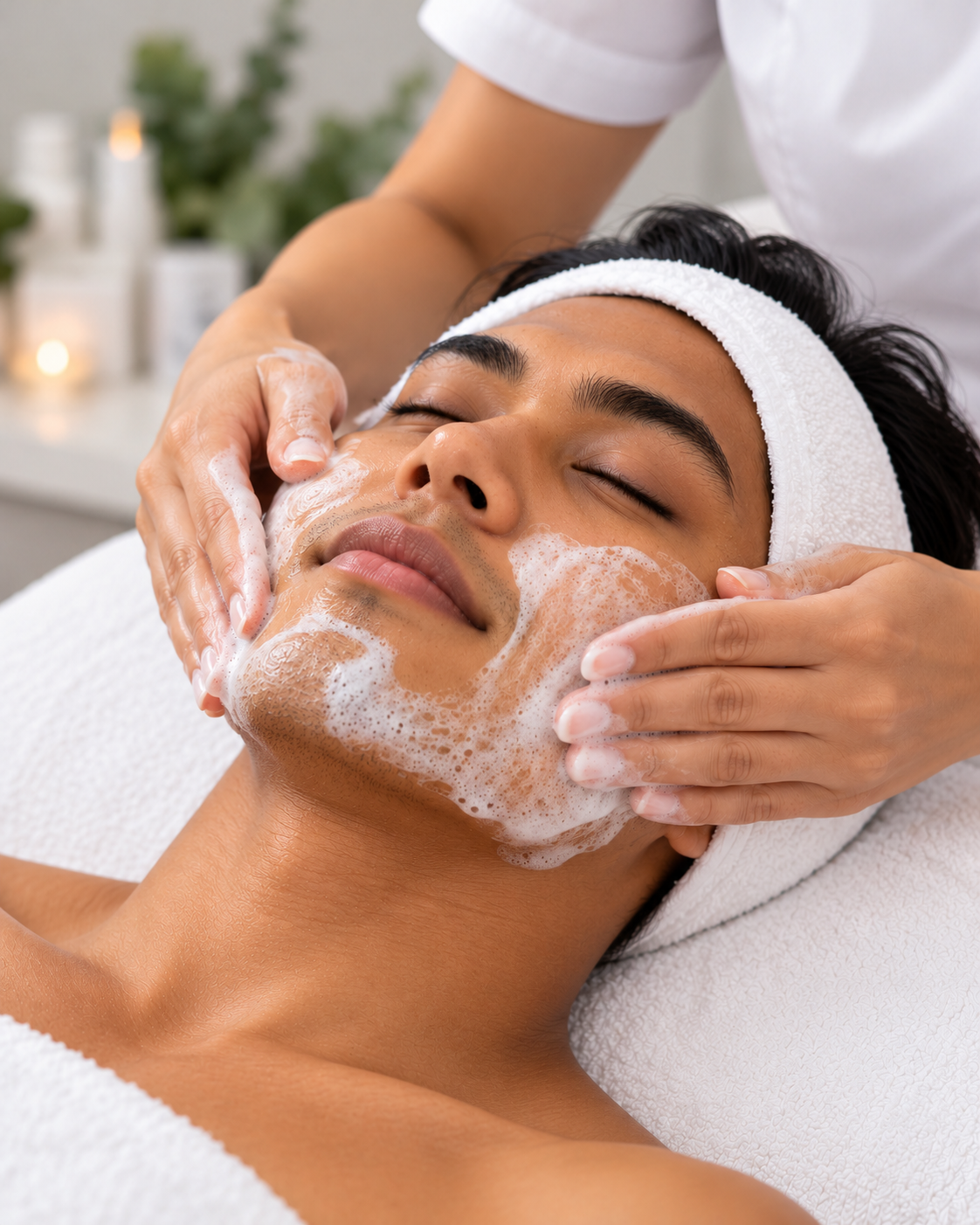 Esthetician performing a facial cleansing treatment on a client