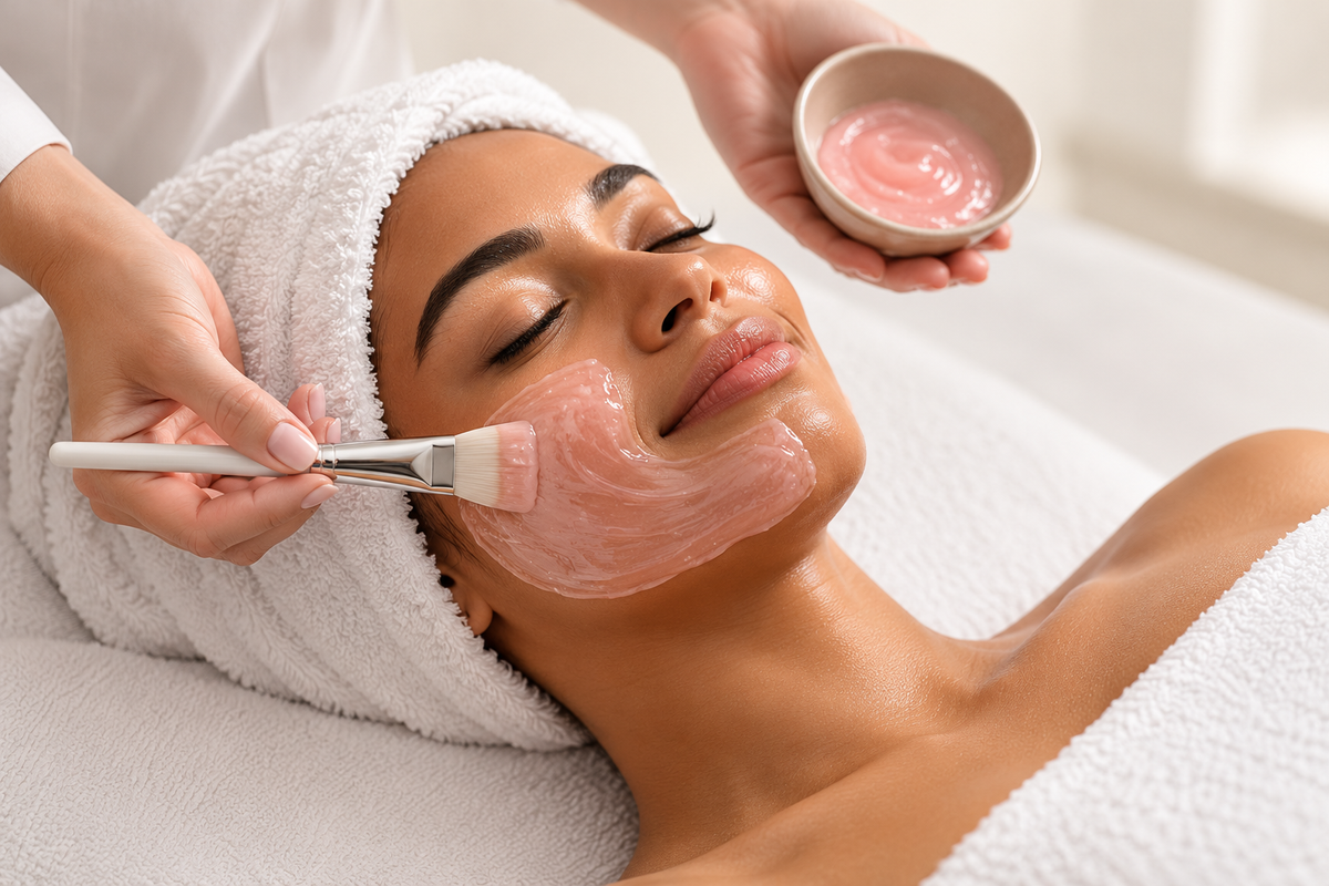 Esthetician applying a hydrating facial mask during a professional skin treatment