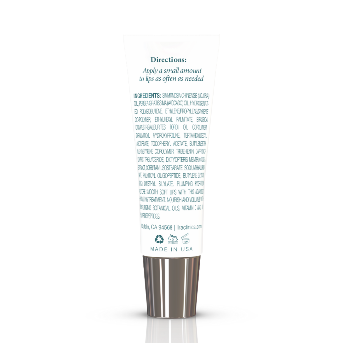 Lira Clinical BIO Lip Factor tube bottom with ingredient label and directions text