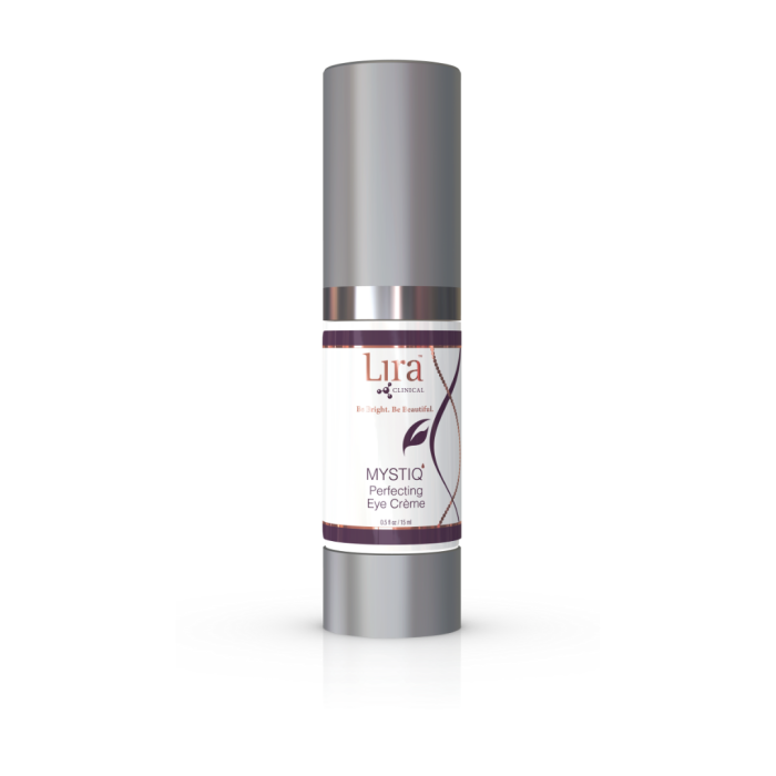 Lira Clinical MYSTIQ Perfecting Eye Crème bottle with silver lid, 0.5 fl oz