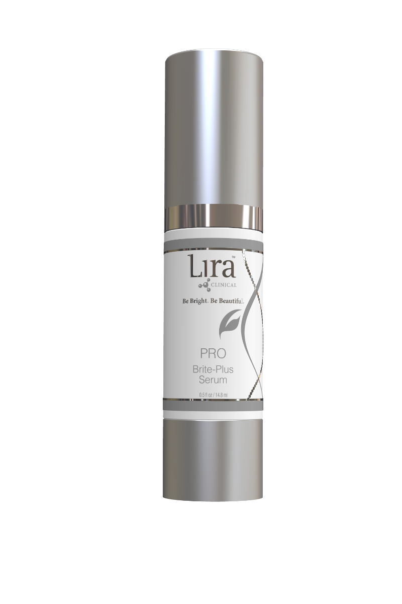 Lira Clinical PRO Brite-Plus Serum bottle with silver pump for hyperpigmentation, 0.5 fl oz